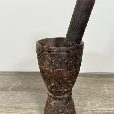 LOT 73L: Hand Carved Wood Collection: Mortar & Pestle, Candle Holder, Vintage Tribal Statues