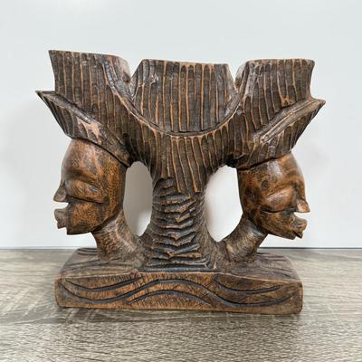 LOT 73L: Hand Carved Wood Collection: Mortar & Pestle, Candle Holder, Vintage Tribal Statues