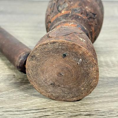 LOT 73L: Hand Carved Wood Collection: Mortar & Pestle, Candle Holder, Vintage Tribal Statues
