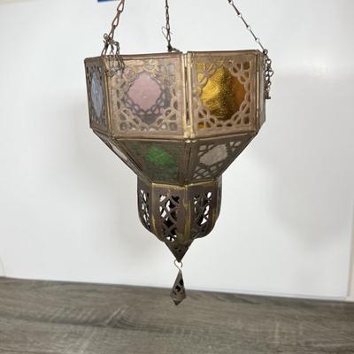 LOT 77L: Vintage / Antique Brass Color Glass Hanging Lantern & More