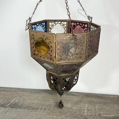 LOT 77L: Vintage / Antique Brass Color Glass Hanging Lantern & More