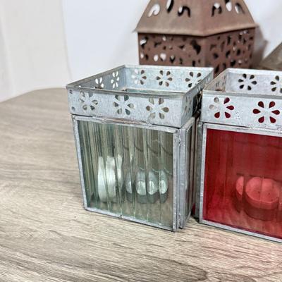 LOT 77L: Vintage / Antique Brass Color Glass Hanging Lantern & More