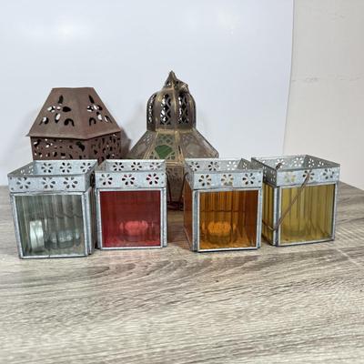 LOT 77L: Vintage / Antique Brass Color Glass Hanging Lantern & More