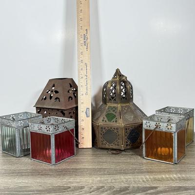 LOT 77L: Vintage / Antique Brass Color Glass Hanging Lantern & More