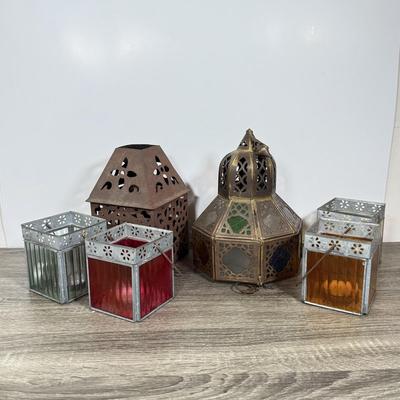 LOT 77L: Vintage / Antique Brass Color Glass Hanging Lantern & More