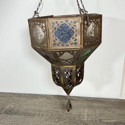 LOT 77L: Vintage / Antique Brass Color Glass Hanging Lantern & More