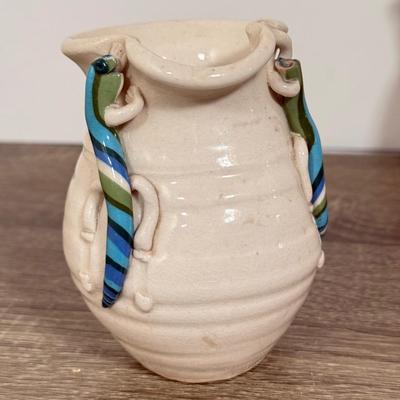 LOT 80L: Pottery Collection: Frog Bowl, Fruit Orchard Majolica Style Plates & Two Small Pitchers