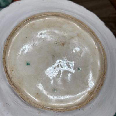 LOT 80L: Pottery Collection: Frog Bowl, Fruit Orchard Majolica Style Plates & Two Small Pitchers