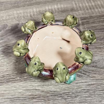 LOT 80L: Pottery Collection: Frog Bowl, Fruit Orchard Majolica Style Plates & Two Small Pitchers