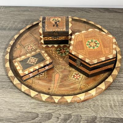 LOT 84L: Beautiful Vintage Inlayed Trinket Box Collection w/ Matching Tray & Collection of Glass Marbles