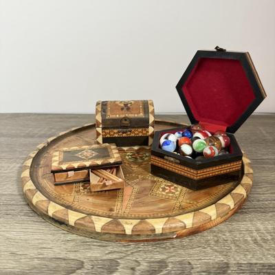 LOT 84L: Beautiful Vintage Inlayed Trinket Box Collection w/ Matching Tray & Collection of Glass Marbles