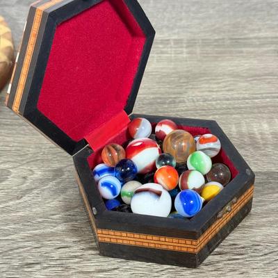 LOT 84L: Beautiful Vintage Inlayed Trinket Box Collection w/ Matching Tray & Collection of Glass Marbles