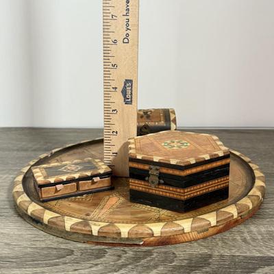 LOT 84L: Beautiful Vintage Inlayed Trinket Box Collection w/ Matching Tray & Collection of Glass Marbles