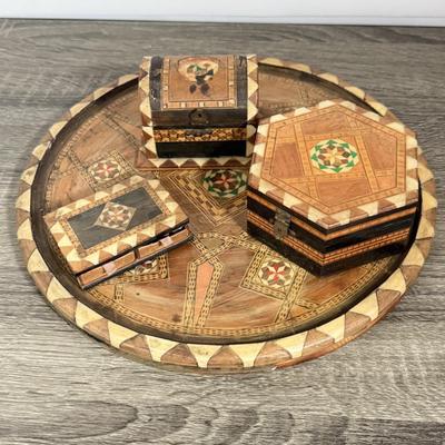LOT 84L: Beautiful Vintage Inlayed Trinket Box Collection w/ Matching Tray & Collection of Glass Marbles