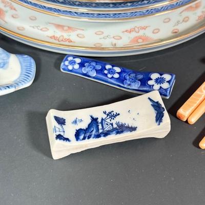 LOT 99D: Vintage China, Etched Chopsticks & Fish Rests
