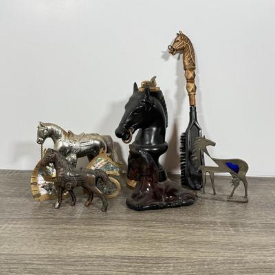 LOT 100D: Vintage Horse Collection: Large Lighter, Brush, Statues, Avon Bottle & Knobs