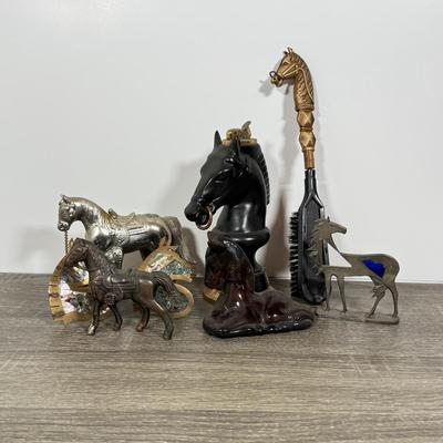 LOT 100D: Vintage Horse Collection: Large Lighter, Brush, Statues, Avon Bottle & Knobs