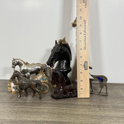 LOT 100D: Vintage Horse Collection: Large Lighter, Brush, Statues, Avon Bottle & Knobs