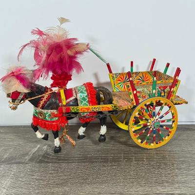 LOT 101L: Vintage Sicilian Fabric Horse Figures & Wood Horse & Cart