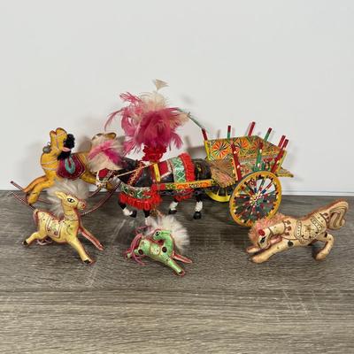 LOT 101L: Vintage Sicilian Fabric Horse Figures & Wood Horse & Cart