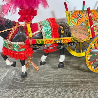 LOT 101L: Vintage Sicilian Fabric Horse Figures & Wood Horse & Cart