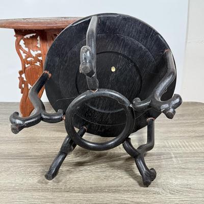 LOT 103L: Folding Carved Wood Plant Stands made in India & Black Pot/Vase Stand