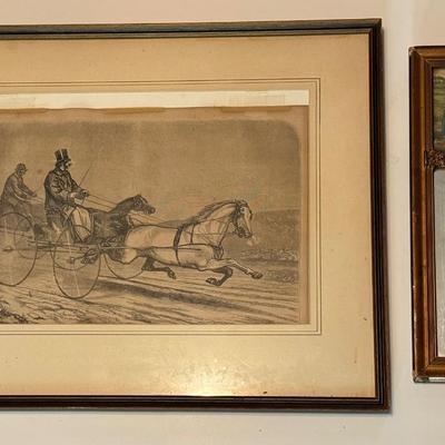 LOT 106L: Vintage "On the Road" Print & Antique Trumeau Mirror " Feeding her feathered friends"