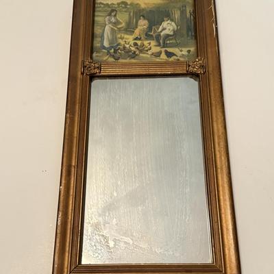 LOT 106L: Vintage "On the Road" Print & Antique Trumeau Mirror " Feeding her feathered friends"