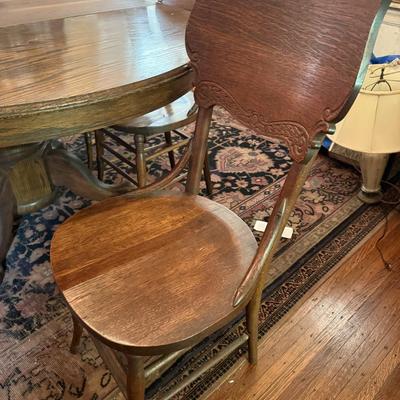 LOT 108D: Six Antique Bent Wood Oak Solid Back Chairs with Clawfoot Dining Table