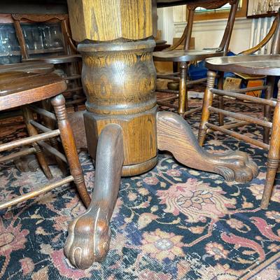 LOT 108D: Six Antique Bent Wood Oak Solid Back Chairs with Clawfoot Dining Table