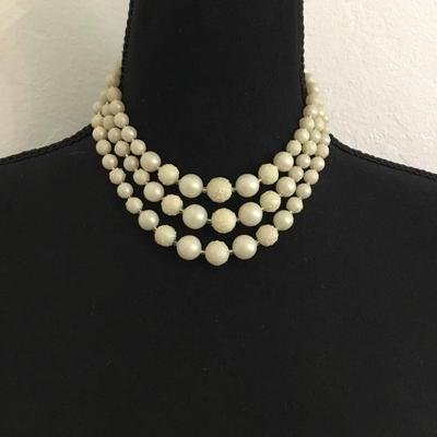 Beautiful vintage, three strand sugar, beads or textured bead choker necklace