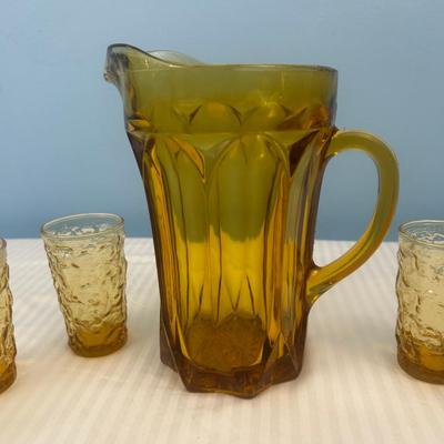 MCM Amber Glass Dimpled Thumbprint shot glasses & amber pitcher - 22