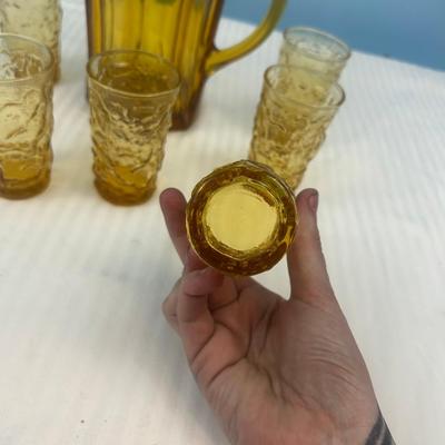 MCM Amber Glass Dimpled Thumbprint shot glasses & amber pitcher - 22
