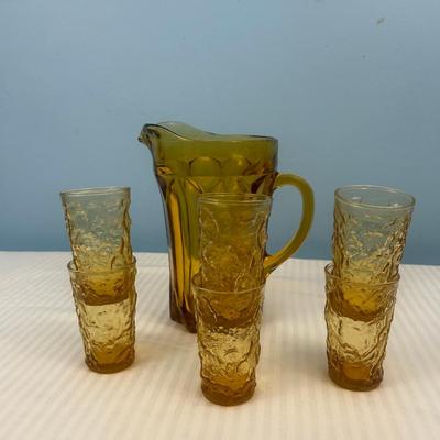 MCM Amber Glass Dimpled Thumbprint shot glasses & amber pitcher - 22