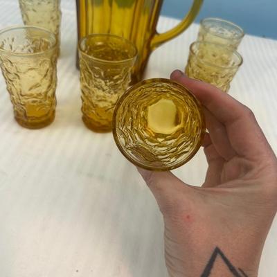 MCM Amber Glass Dimpled Thumbprint shot glasses & amber pitcher - 22