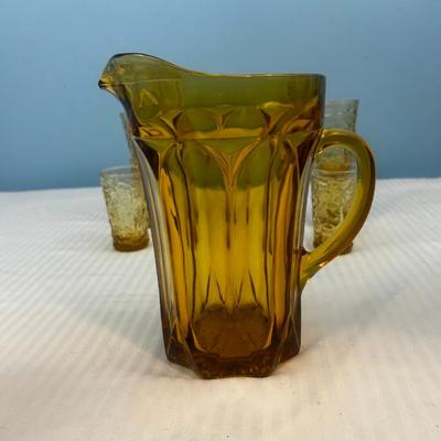 MCM Amber Glass Dimpled Thumbprint shot glasses & amber pitcher - 22