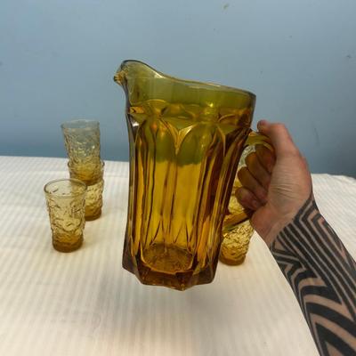 MCM Amber Glass Dimpled Thumbprint shot glasses & amber pitcher - 22