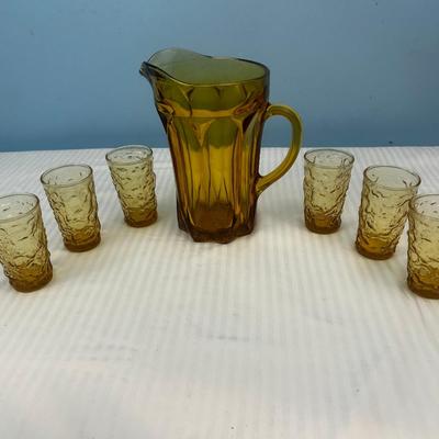 MCM Amber Glass Dimpled Thumbprint shot glasses & amber pitcher - 22