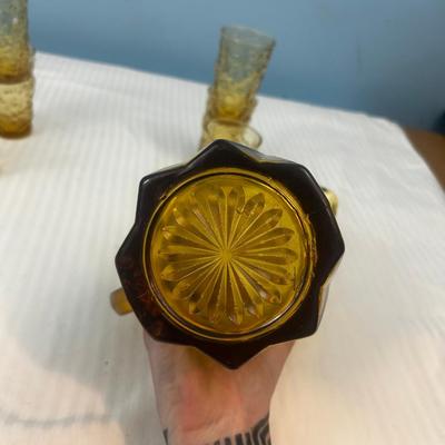 MCM Amber Glass Dimpled Thumbprint shot glasses & amber pitcher - 22