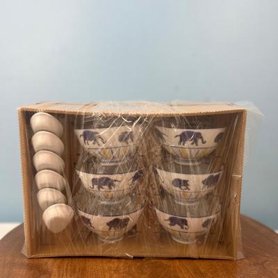 NWT: Blue elephant design - Soup bowl set with spoons set of 6 - 32