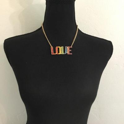 Betsey Johnson, rainbow stone love pendant necklace