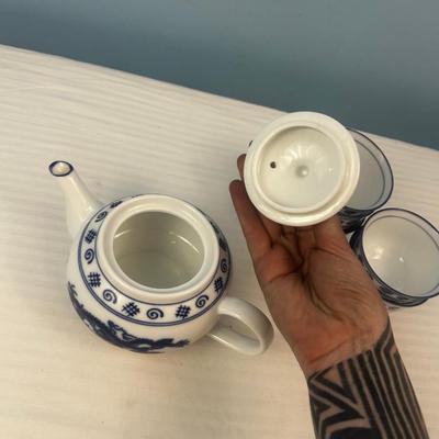 Tea Set: Asian Blue And White Porcelain Dragon Teacups Vintage - 12
