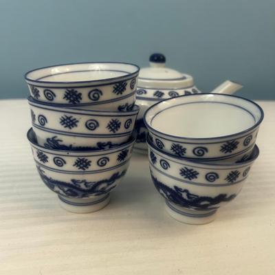 Tea Set: Asian Blue And White Porcelain Dragon Teacups Vintage - 12