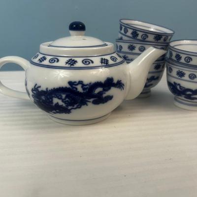 Tea Set: Asian Blue And White Porcelain Dragon Teacups Vintage - 12