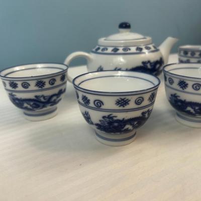 Tea Set: Asian Blue And White Porcelain Dragon Teacups Vintage - 12