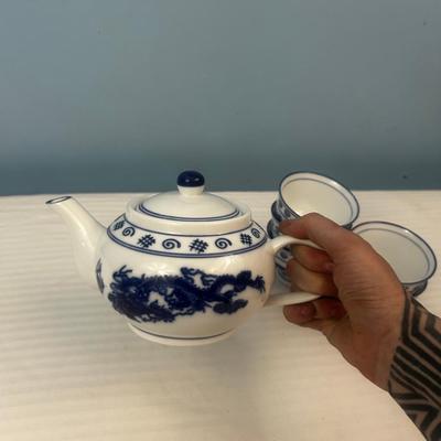 Tea Set: Asian Blue And White Porcelain Dragon Teacups Vintage - 12