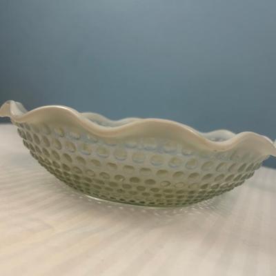 Vintage Clear Glass Hobnail Bowl Candy Dish With Milk Glass Ruffled Edge 9.5"