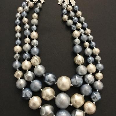 Gorgeous, vintage, large, chunky multicolored blue, three strand statement necklace