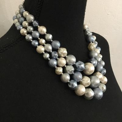 Gorgeous, vintage, large, chunky multicolored blue, three strand statement necklace