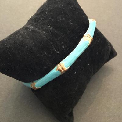 Vintage copper, enameled, turquoise, bamboo, bangle bracelet